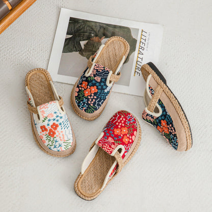 Spring And Summer New Cotton And Linen Slippers Women'S Ethnic Style Hand-Sewn Craft Bag Head Flat-Bottomed Slippers