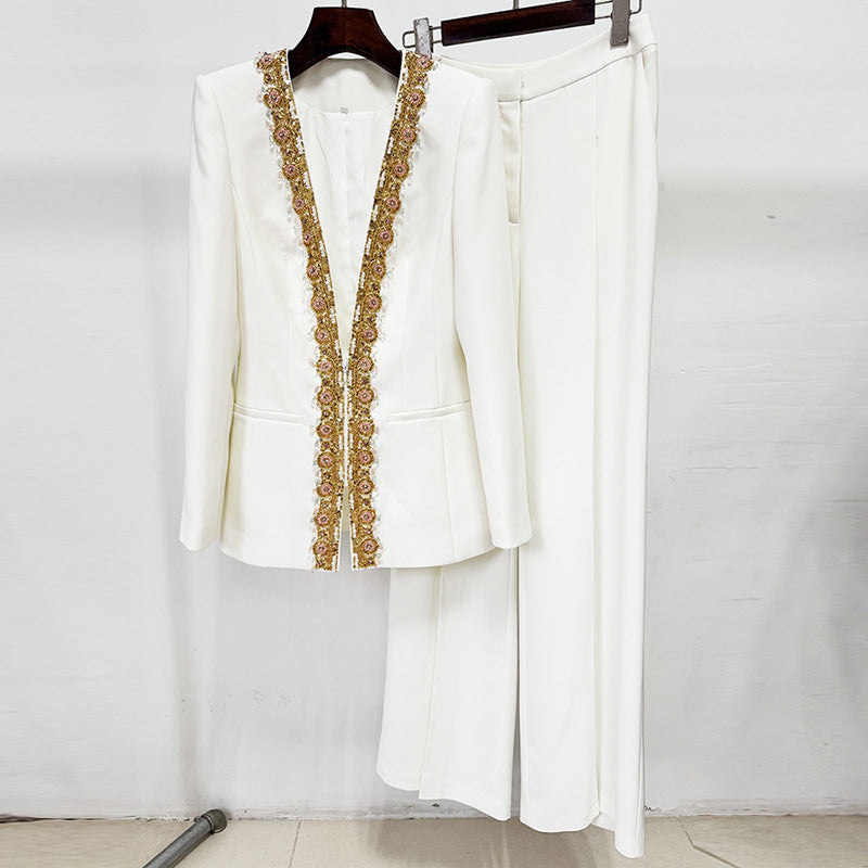 Fashionable Sequin Embellished Jacket And Pants Set