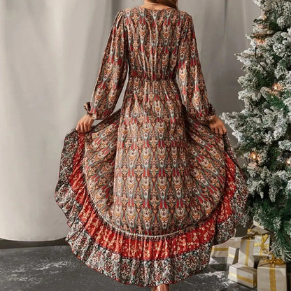 Spot Women Dress Autumn New Long-Sleeved Swing Bohemian Print Dress
