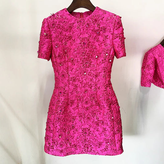 Fashionable Rose Pink Embroidered Short Sleeve Dress