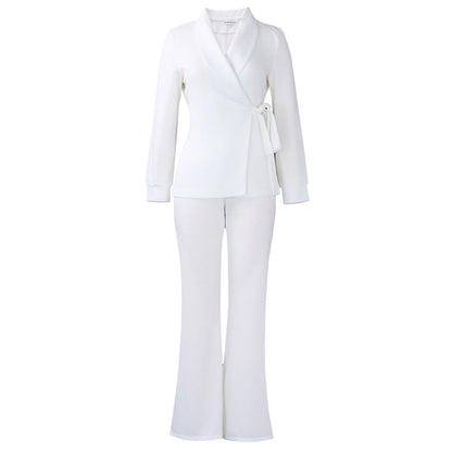 Trendy Women'S Suit Set With Tie-Front Blazer And Trousers