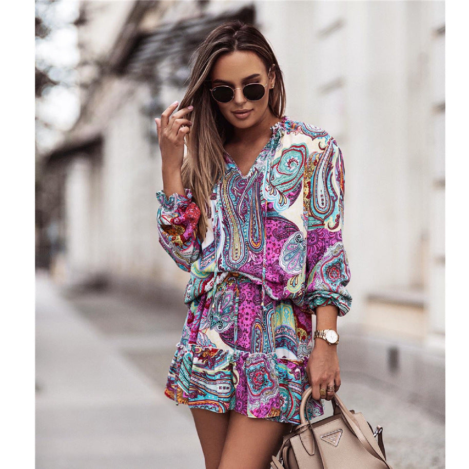 Printed Long-Sleeved Skirt Temperament Commuter Women'S Clothing