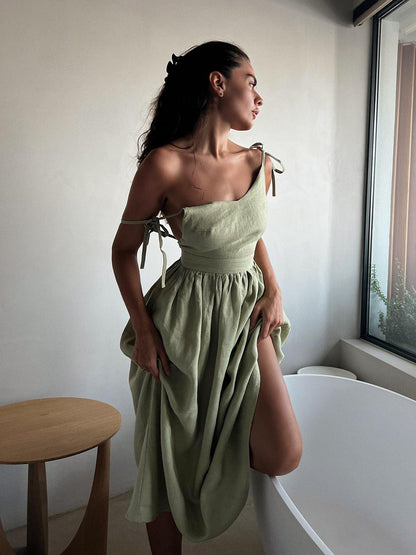 Cotton V-Neck Backless Dress Elegant Casual