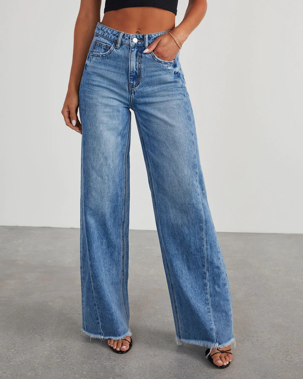 Wide-Legged Distressed Denim Pants with Side Paneling for Women
