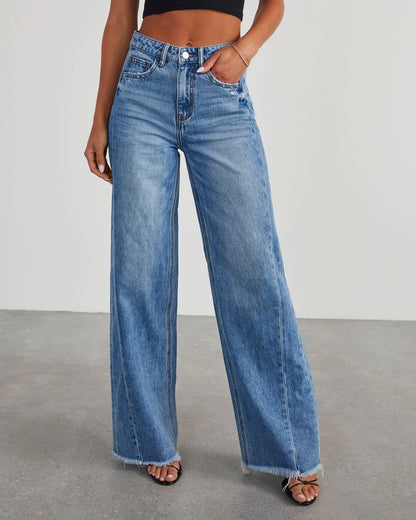 Wide-Legged Distressed Denim Pants with Side Paneling for Women
