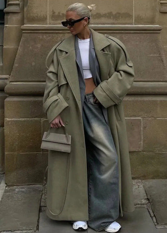 Oversized Wool Blend Coat With Waist Tie