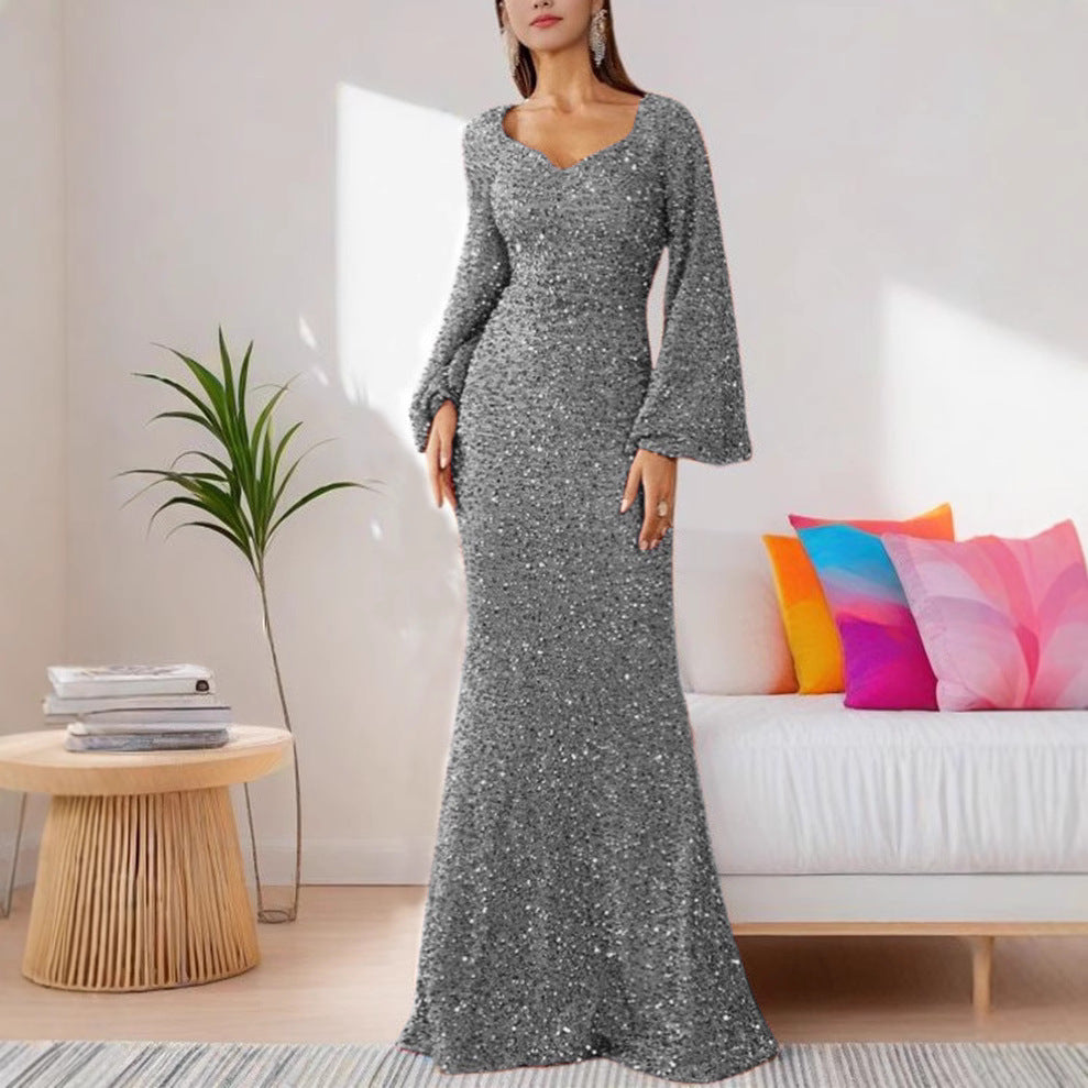 Elegant V-Neck Sequin Midi Dress With Flare Sleeves
