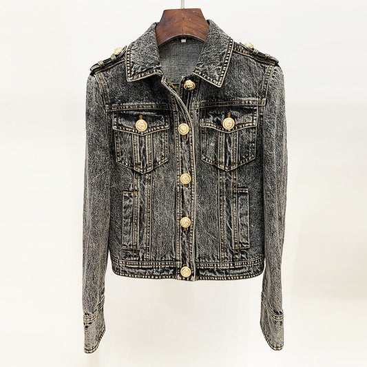 Lion Head Button Slim Fit Denim Jacket