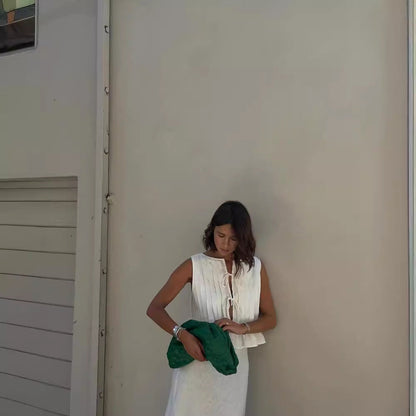 6 Colors Breathable Cotton And Linen Pleated Sleeveless Straps, Women'S Shirts, High Street Long Skirts.