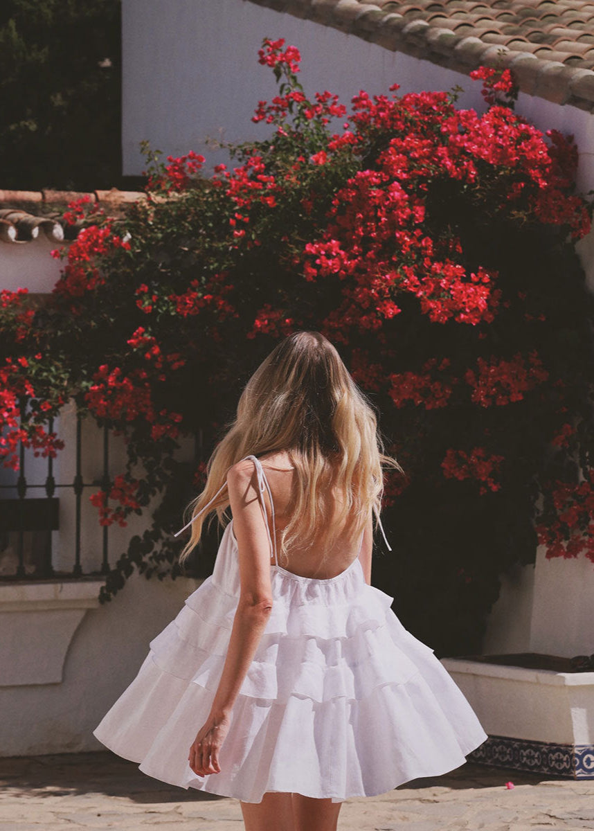 Ruffle Sundress Lightweight White Floral Design