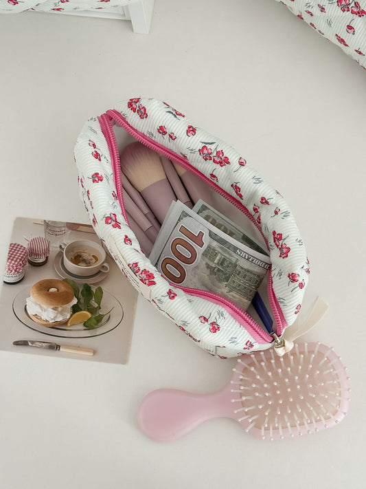 Floral Corduroy Makeup Bag Stylish Portable Toiletry Pouch