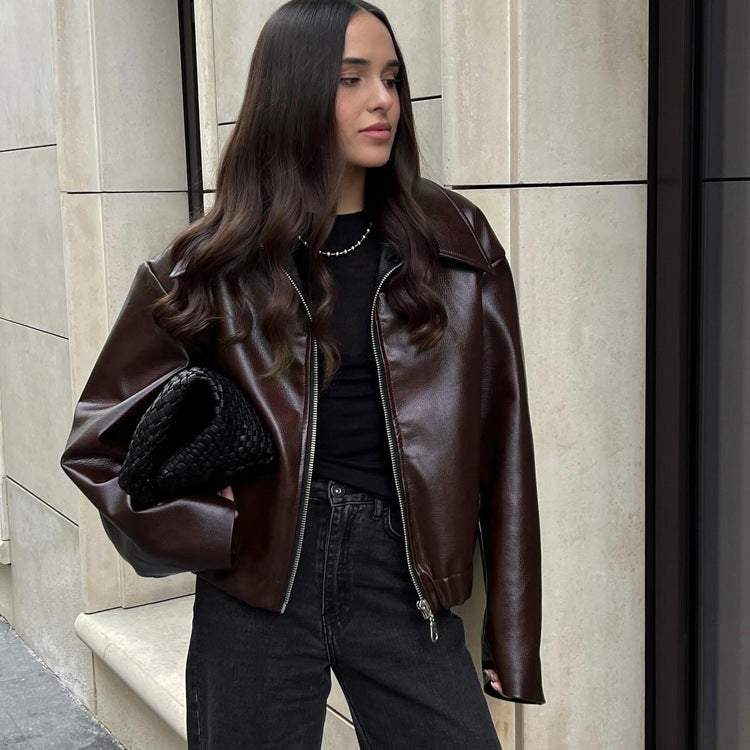 Fashionable PU Leather Motorcycle Jacket Casual Oversized Outerwear