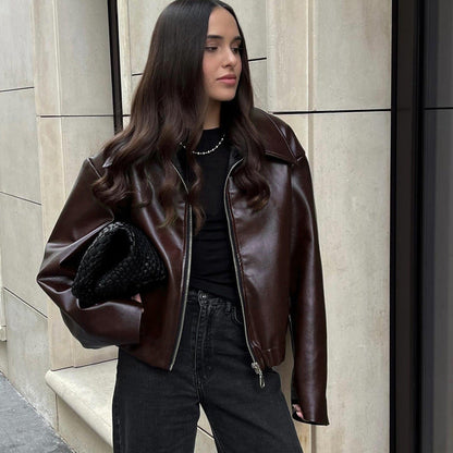 Fashionable PU Leather Motorcycle Jacket Casual Oversized Outerwear