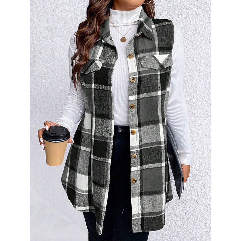 Checkered Sleeveless Vest Casual Loose Women'S Coat