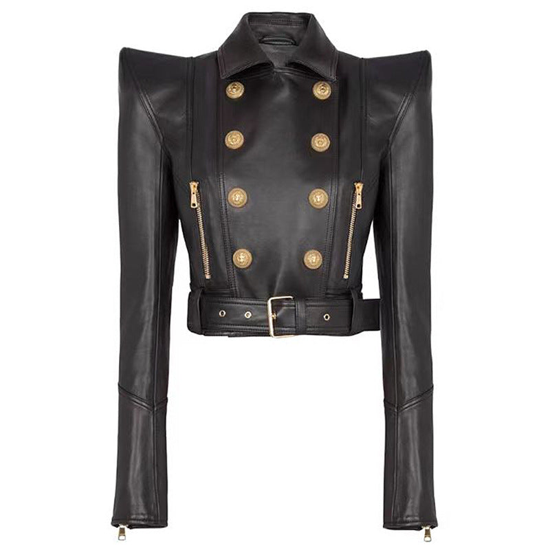 Double-Breasted Short PU Leather Biker Jacket