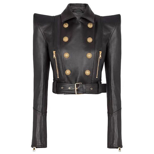 Double-Breasted Short PU Leather Biker Jacket