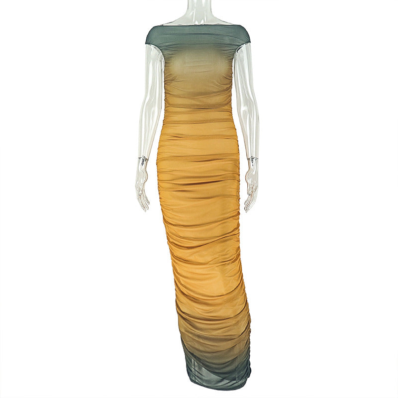 Color Block Bodycon Dress Gradient One-Shoulder Long Dress