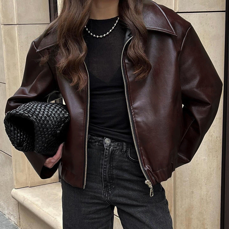Fashionable PU Leather Motorcycle Jacket Casual Oversized Outerwear