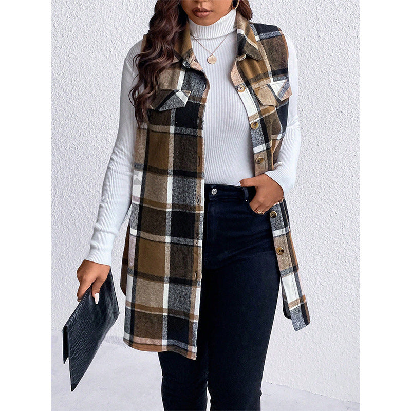 Checkered Sleeveless Vest Casual Loose Women'S Coat