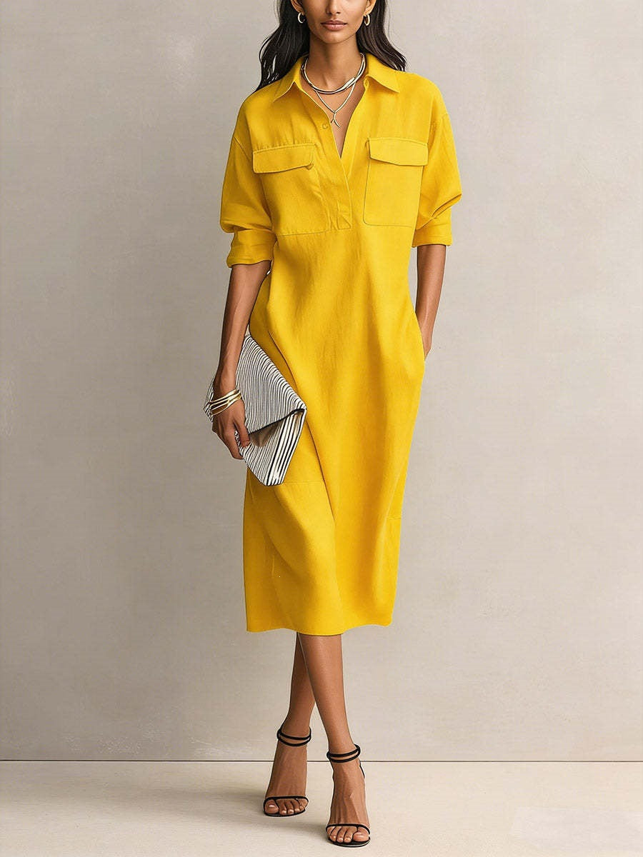 Linen Blend Shirt Midi Dress