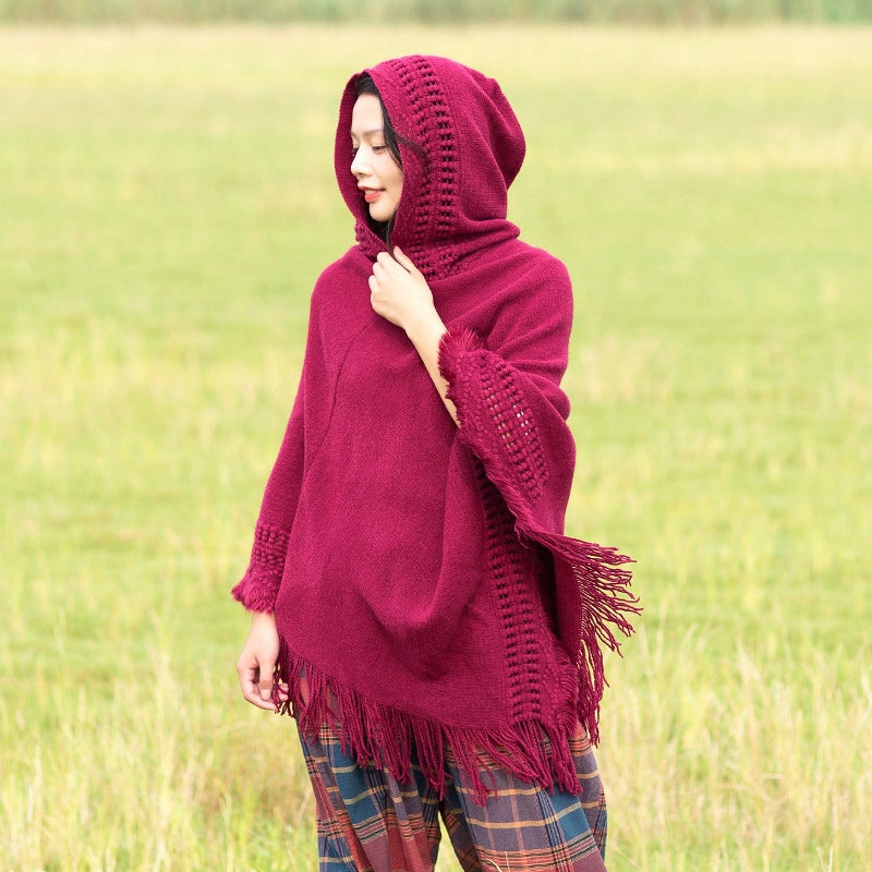 Summer Solid Color Hooded Shawl Women'S Knitting Outside With Spring And Autumn Travel Tassel Pullover Hooded Cape Shawl