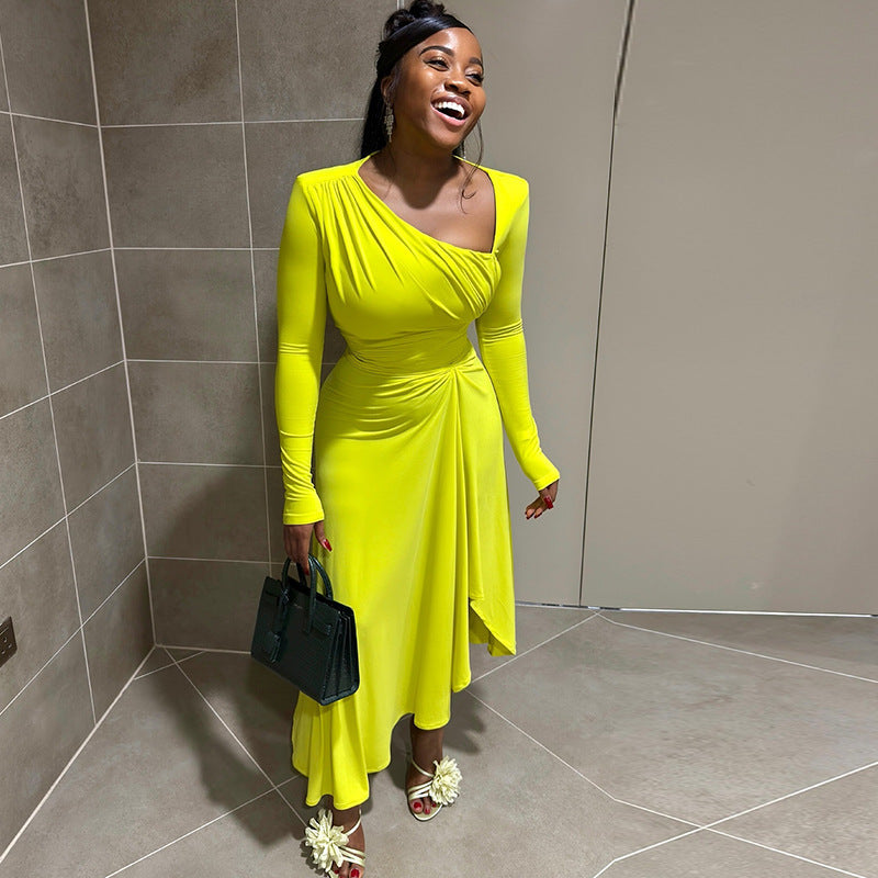 Elegant Ruffle Asymmetrical Dress With Long Sleeves