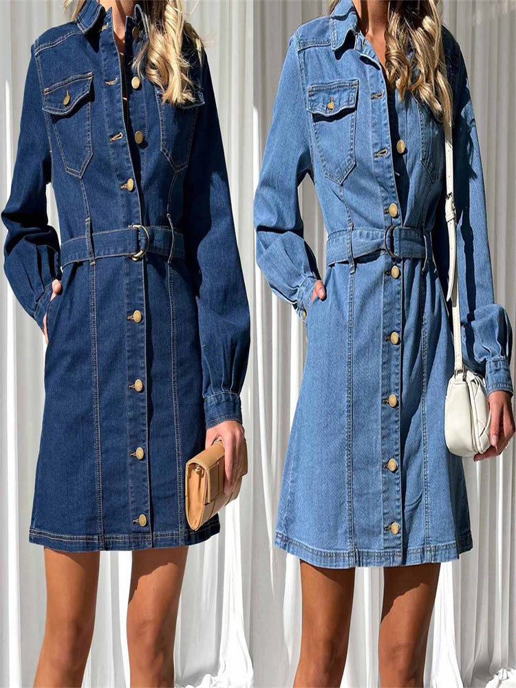 Button-Up A-Line Denim Dress with Long Sleeves