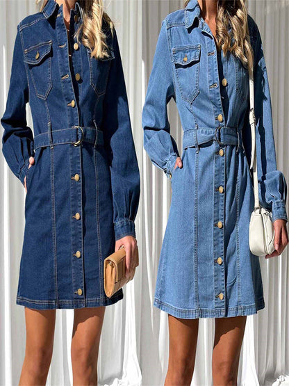 Button-Up A-Line Denim Dress with Long Sleeves