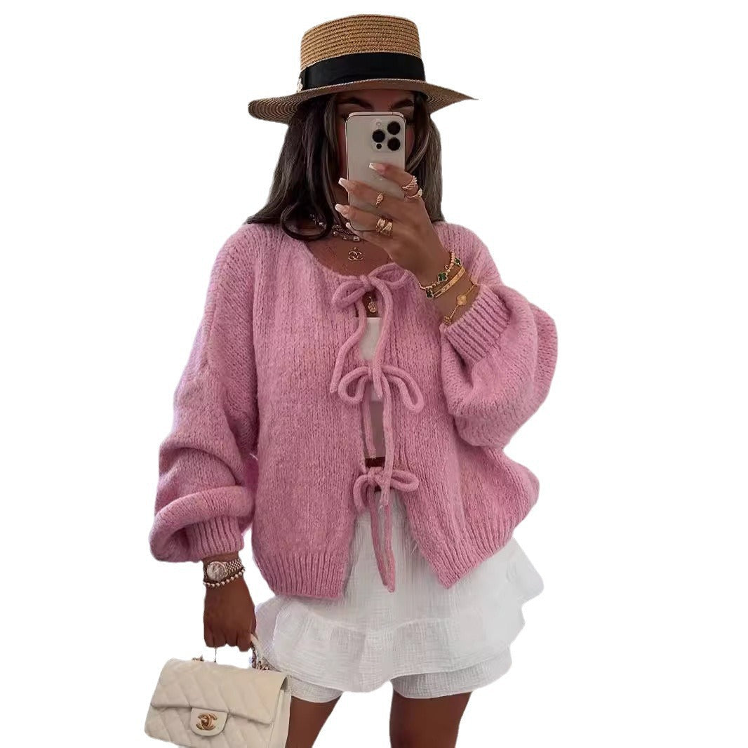 Crew Neck Lace-Up Knitted Cardigan Jacket Autumn And Winter New Solid Color Commuting Simple Sweater Women