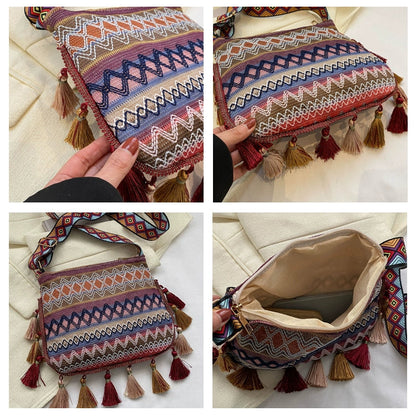 Small Fresh Ethnic Style Crossbody Bag For Women'S New Fashion Versatile Wide Shoulder Strap Single Shoulder Bag Tassel Bucket Bag