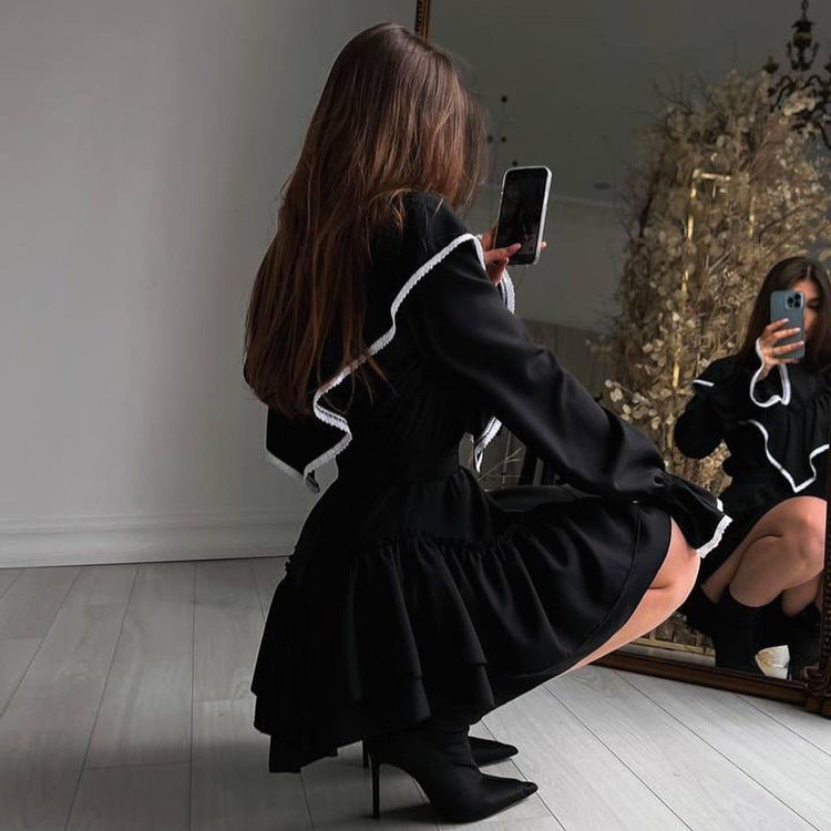Elegant Black Ruffle Hem A-Line Dress with Bell Sleeves