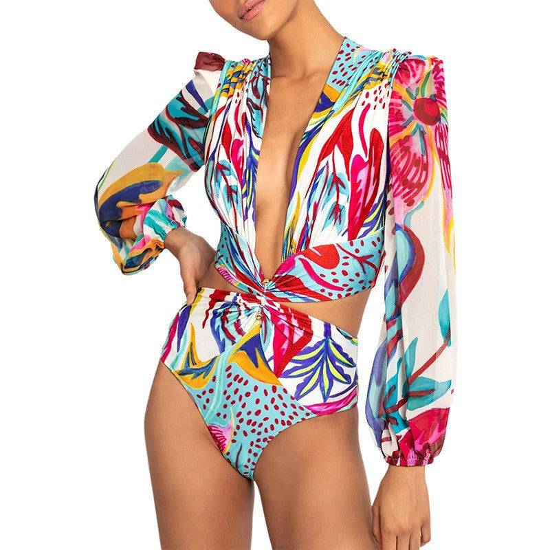 New Open Back Long Sleeved One Piece Swimwear High Waist Lace Up V-Neck Swimwear For Women Bikini