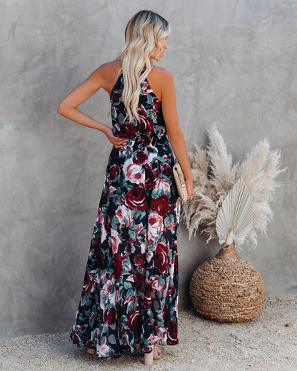 Bohemian Print Halterneck High Slit Maxi Dress