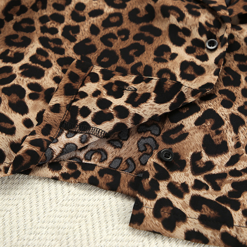 Leopard Print Lapel Sleepwear Sets