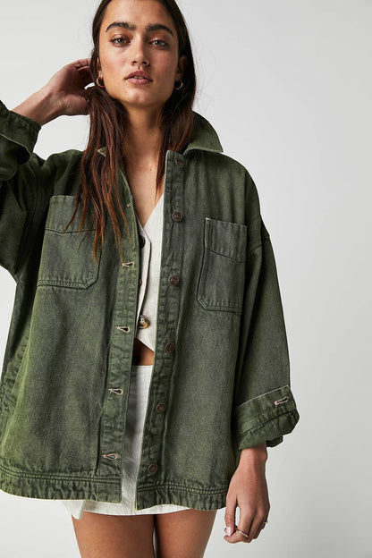 Casual Pocket Side-Slit Denim Jacket for Women
