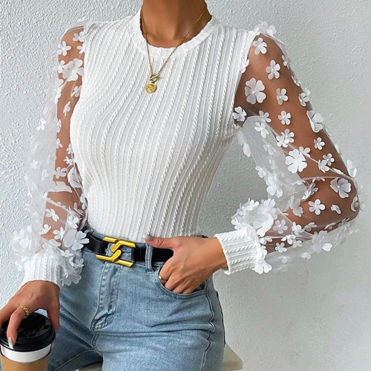 Women'S Mesh Small Flower Chiffon Shirt, Women'S Spring/Summer Round Neck Slimming Pullover Long Sleeved Top