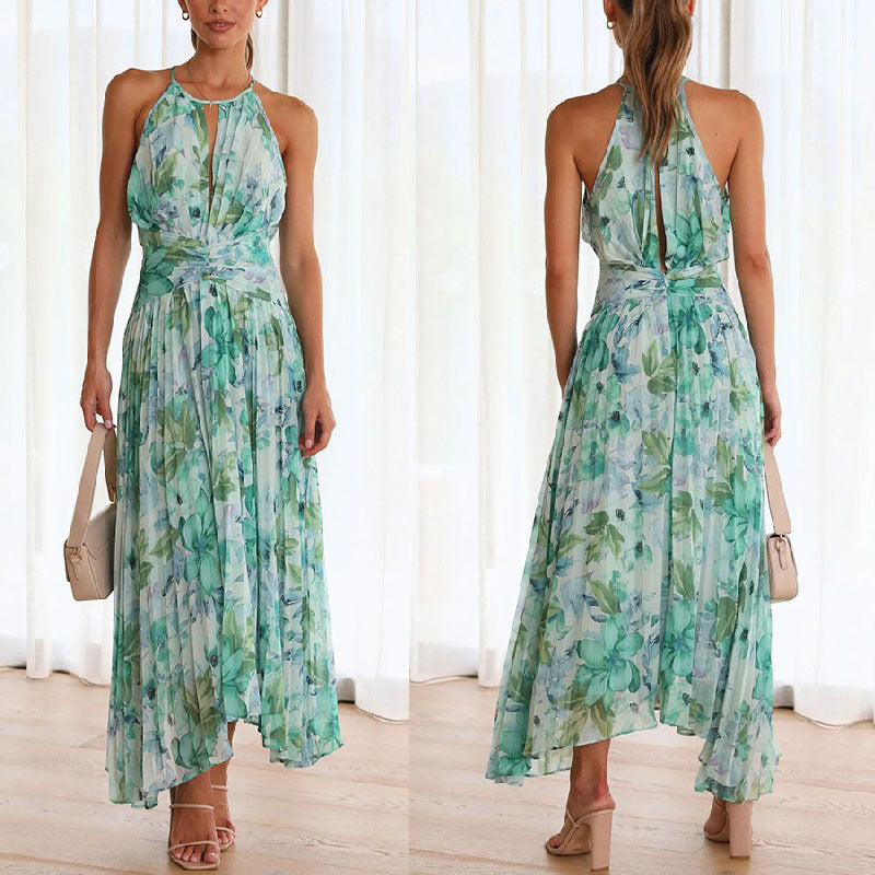Summer Women'S Neck Hanging Sleeveless V-Neck Printed Large Swing Long Dress Dress