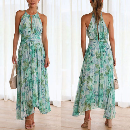 Summer Women'S Neck Hanging Sleeveless V-Neck Printed Large Swing Long Dress Dress