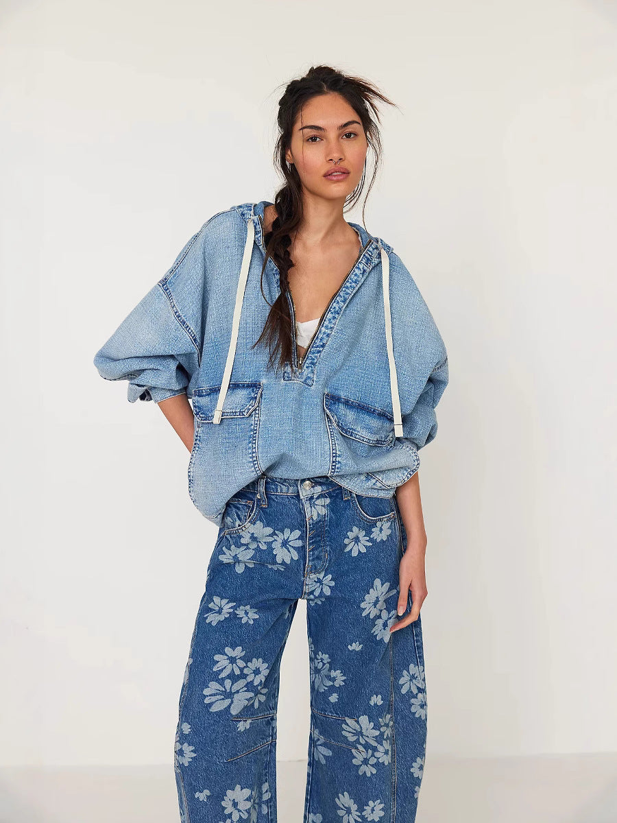 Hooded Denim Long Sleeve Top Casual Street Style