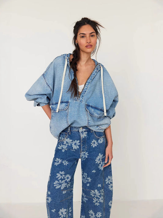 Hooded Denim Long Sleeve Top Casual Street Style