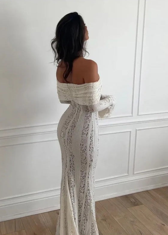 Lace Off Shoulder Maxi Gown in White