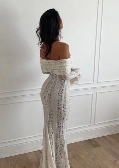 Lace Off Shoulder Maxi Gown in White