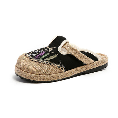 Summer New Ethnic Style Embroidered Slippers Women'S Beef Tendon Bottom Cloth Shoes Women Hand-Woven Linen Straw Shoes