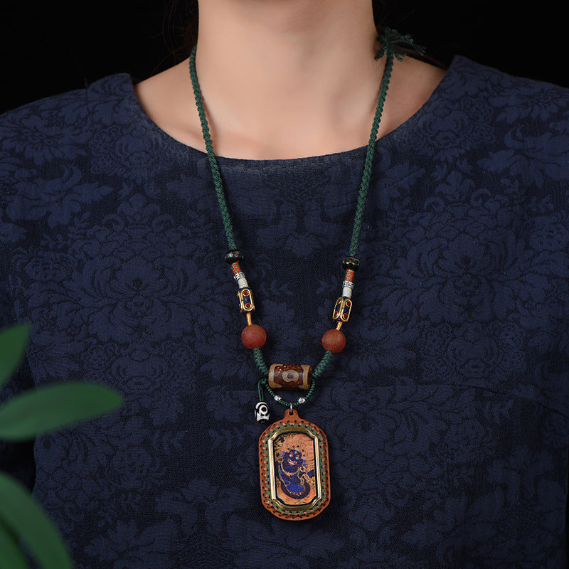 New Intangible Cultural Heritage Gem Painting Thangka Pendant God Of Wealth Zakiram Hand-Painted Thangka Leather Shell Pendant Single Pendant