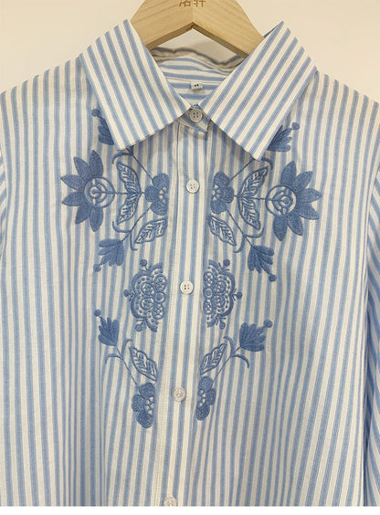 Casual Striped Embroidered Long Sleeve Shirt