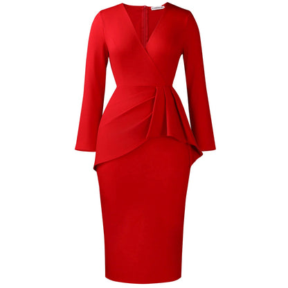 V-Neck Long Sleeve Bodycon Dress Solid Color Elegant Office Dress