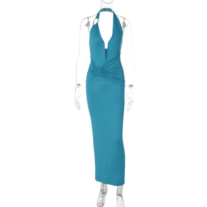 Sleek V-Neck Bodycon Maxi Dress with Ruching