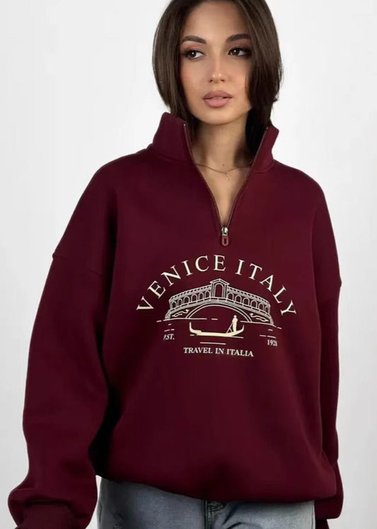 Quarter Zip Sweatshirt In Cozy Burgundy Fabric