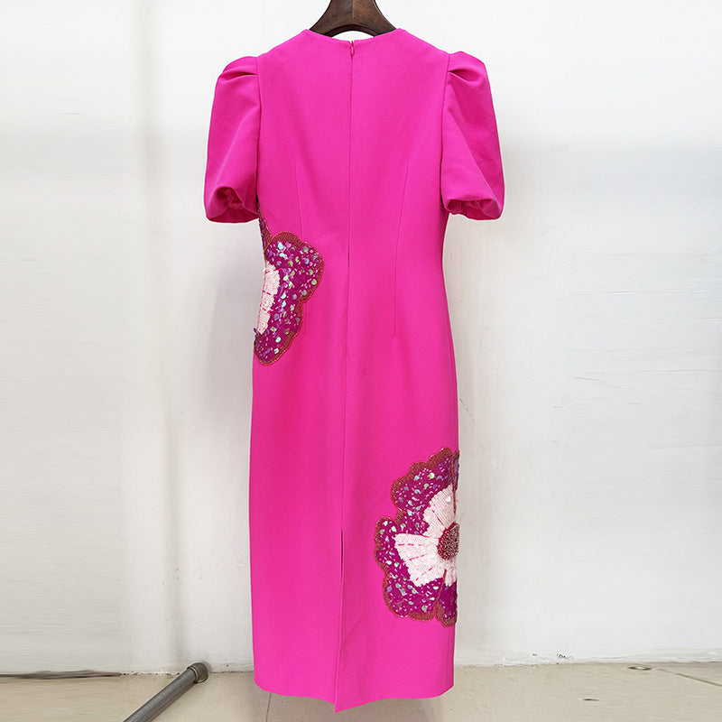 Trendy Beaded Flower Short Sleeve Dress
