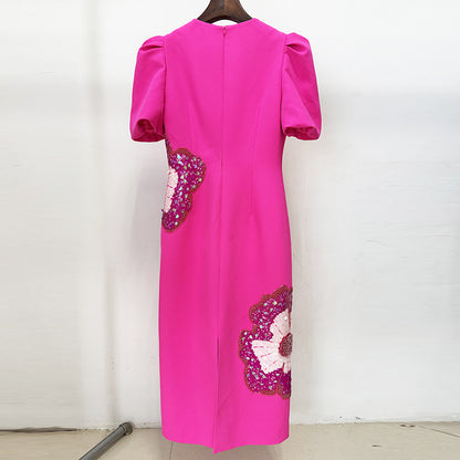 Trendy Beaded Flower Short Sleeve Dress
